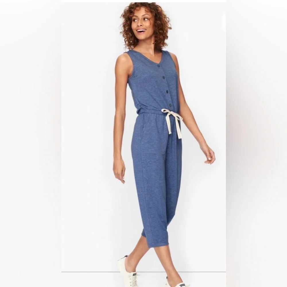 T By Talbots V Neck Sleeveless Romper Size 2X Drawstring Blue Beach Travel Comfy